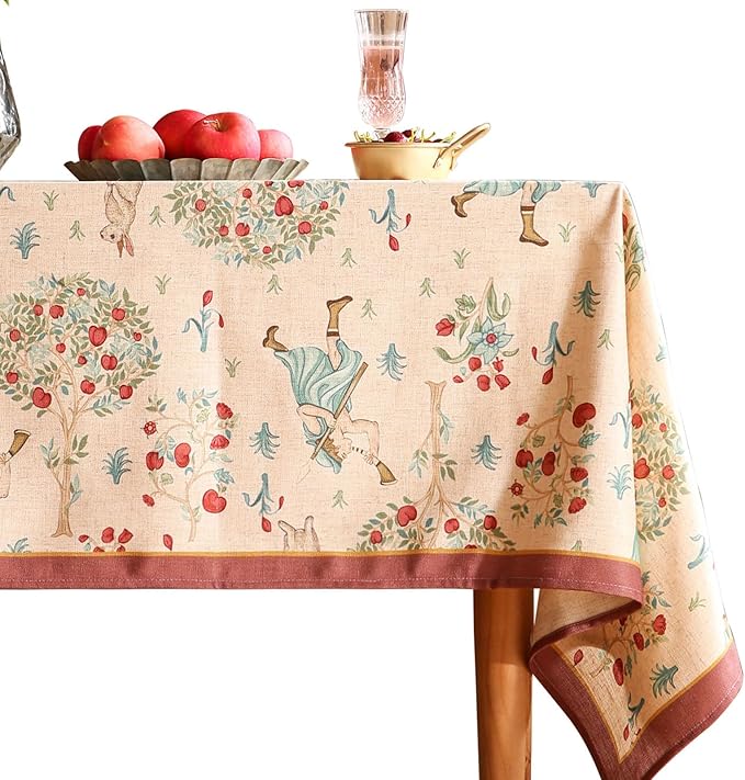 patdrea Designer Italian Beige Rectangle Tablecloth, Vintage Linen Trees by Welcometopatdrea