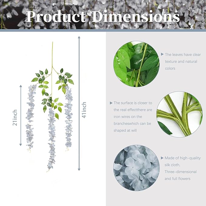 24 Pack Grey Wisteria Hanging Flowers, 3.4 Ft Fake Hanging Flowers, Artificial - Image 3