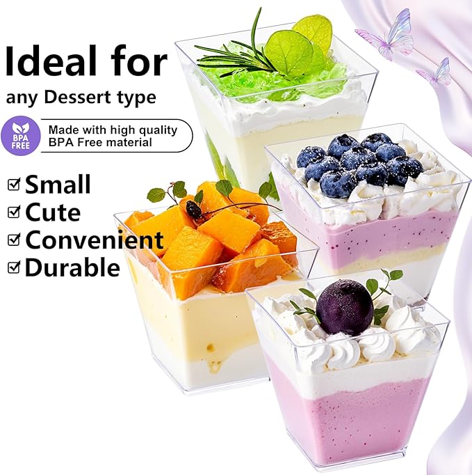 YOUBET 102 PCS Plastic Dessert Cups - 8oz Clear Square Cups - 51 Pack Mini - Image 4