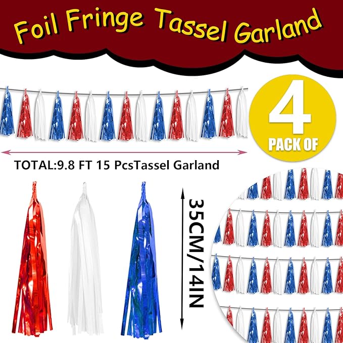 4P Red Blue White Foil Fringe Metallic Tassel Streamers Banner Tassel Garland - Image 2