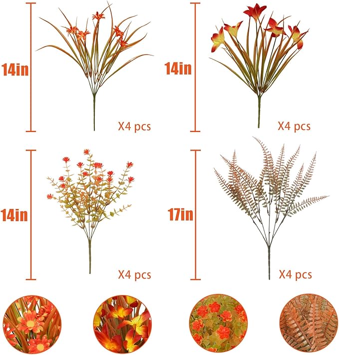 16Pcs Artificial Fall Flowers Outdoor Fake Fall Plants UV Resistant Autumn - Image 2