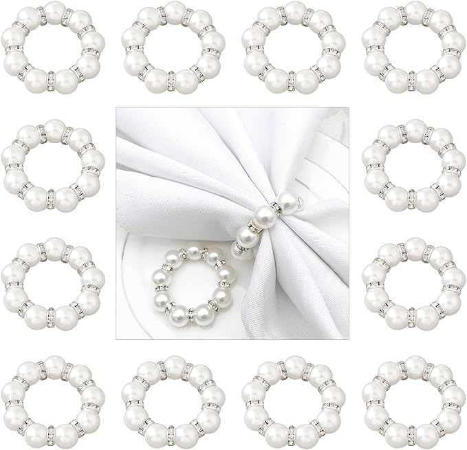 12Pcs Pearl Napkin Rings, Round Napkin Buckles Wedding Beaded White Napkin - Image 8
