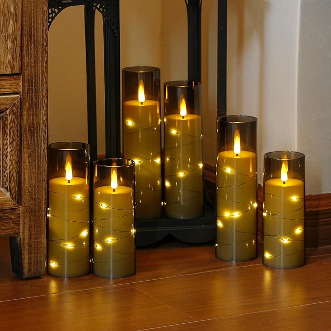 Grey Flameless Candles with Remote and String Light, 2.2"x 5" - Image 2