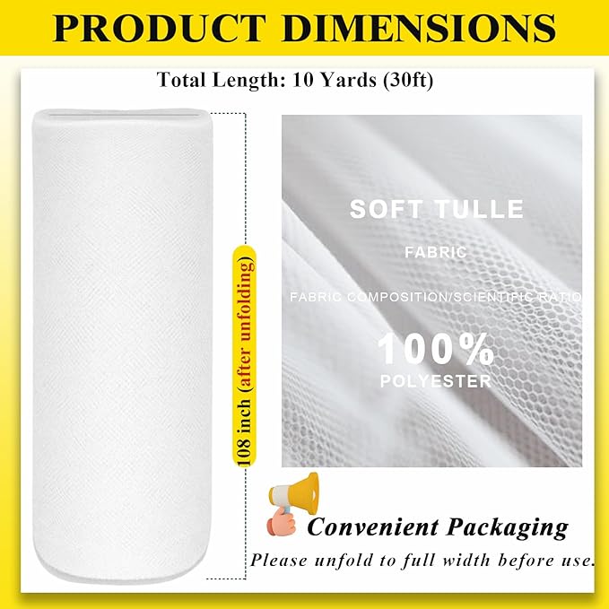 108" White Tulle Fabric Roll, Extra Large Matte Tulle Netting Bolt - Image 3