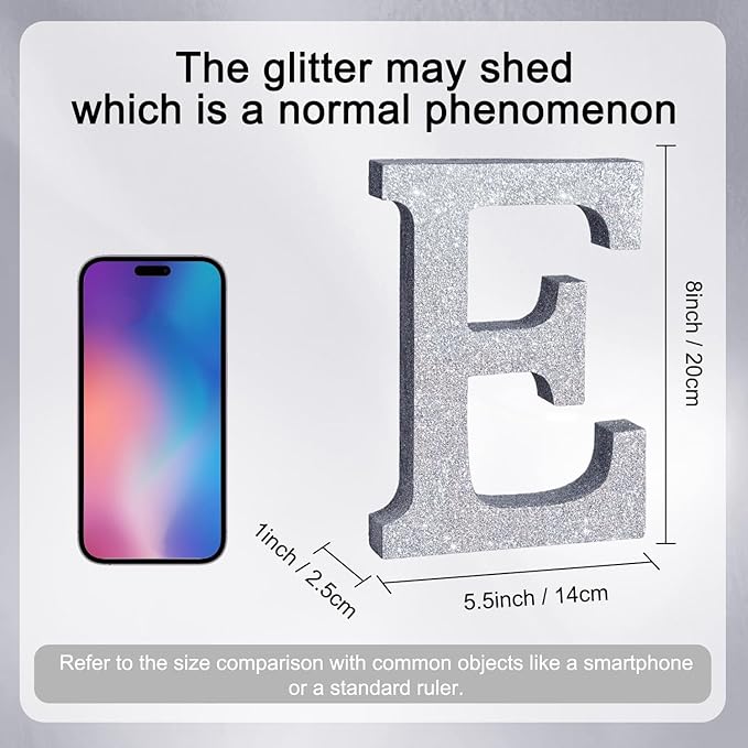 TONIFUL 8 Inch Silver Glitter Letter E Table Centerpiece A-Z Silver Birthday - Image 2