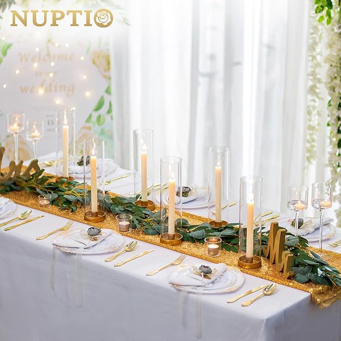 NUPTIO Hurricane Glass Candle Holders: 6 Pcs Gold Metal Taper Candlesticks - Image 4