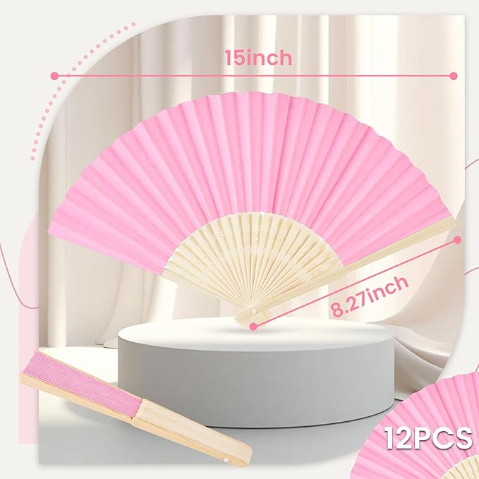 JOHOUSE 12 PCS Paper Folding Hand Fans, 8.3 Inch Pink Paper Fans Handheld - Image 2