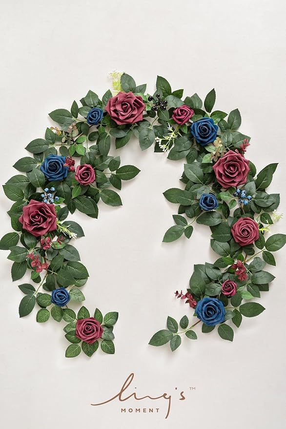 Ling's moment 5FT Burgundy Artificial Flower Garland Navy Blue Floral Arch - Image 6