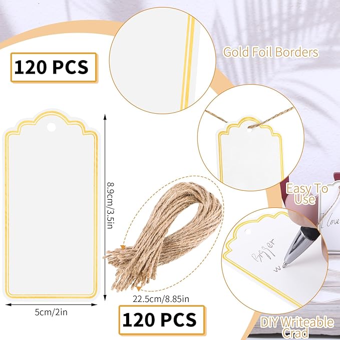 120 PCS Gift Tags with String Gold Foil Metallic Gift Tags Writable Blank Tag - Image 2