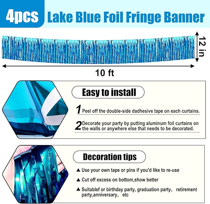 4 Pack 10 Feet Lake Blue Foil Fringe Garland Metallic Tinsel Streamers Banner - Image 2
