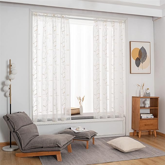 VISIONTEX White Sheer Voile Curtains, Decorative Beige Leaves Embroidery Faux - Image 6