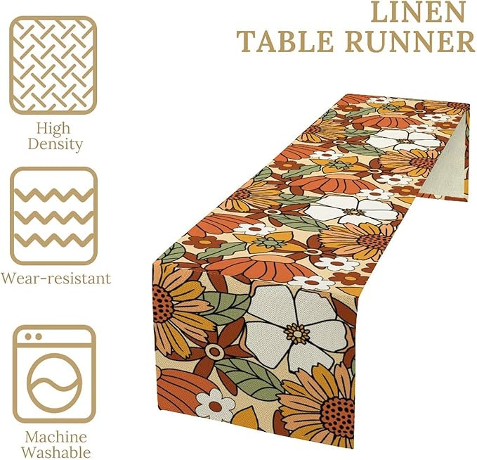 Vintage Floral Table Runner, Boho 70s Style Retro Flower Table Cloth Kitchen - Image 4