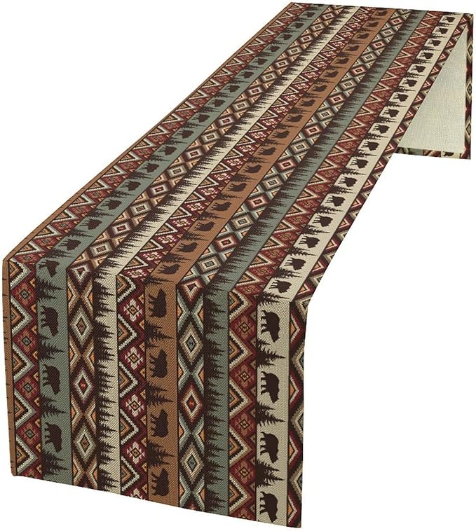 Retro Cabin Table Runner Rustic Bear Forest Farmhouse Lodge Jungle Table Runner by ShiTingYu