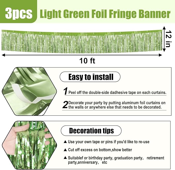 3 Pack 10 Long Light Green Metallic Foil Fringe Garland Wall Hanging Tassle - Image 2