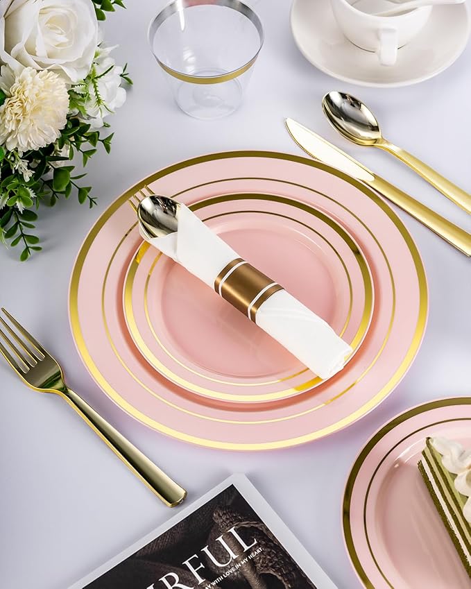 350PCS Pink Plastic Dinnerware Set, Disposable Party Plates by Bestvip