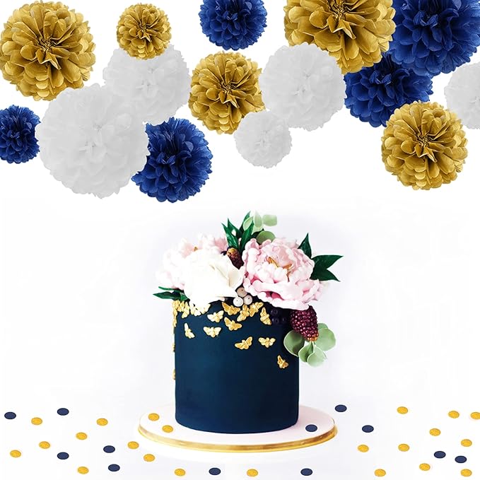 Navy-Blue White Gold Paper Flowers - Image 2