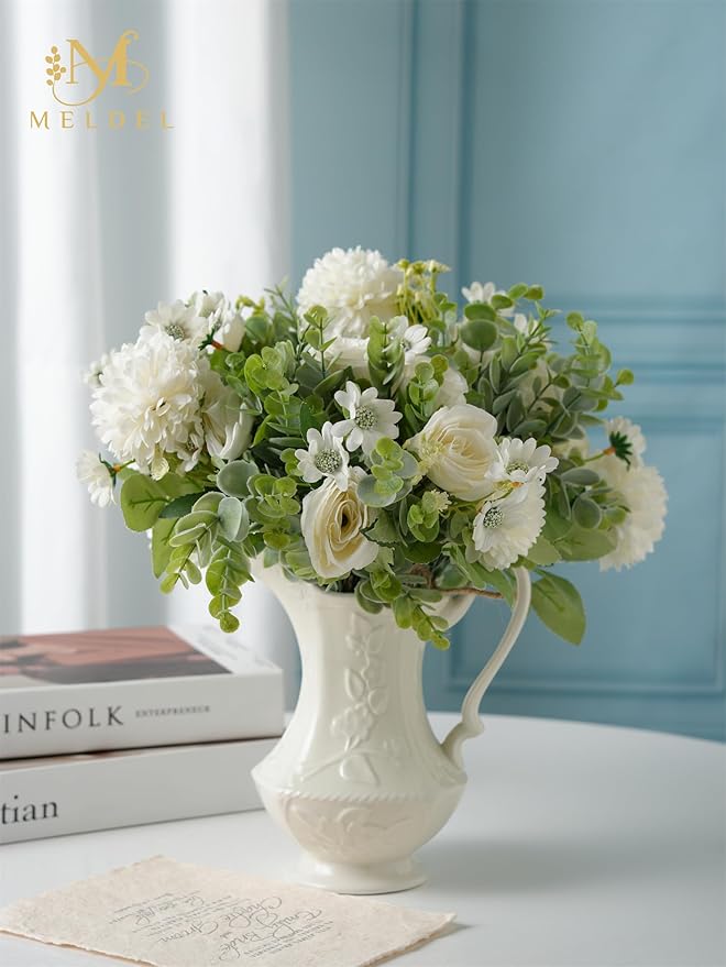 Meldel 3 Pcs Bouquet Rose Artificial Fake Flowers Eucalyptus Plants Faux Silk - Image 4