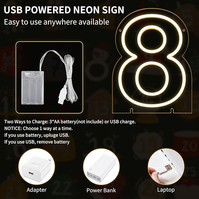 Number 8 LED Neon Sign Backdrop Birthday Party Decoration, 11.3" Height Warm - Image 2