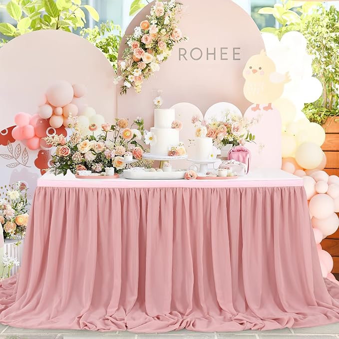 14FT Dusty Rose Chiffon Table Skirt Sheer Rectangle Tablecloth by QueenDream