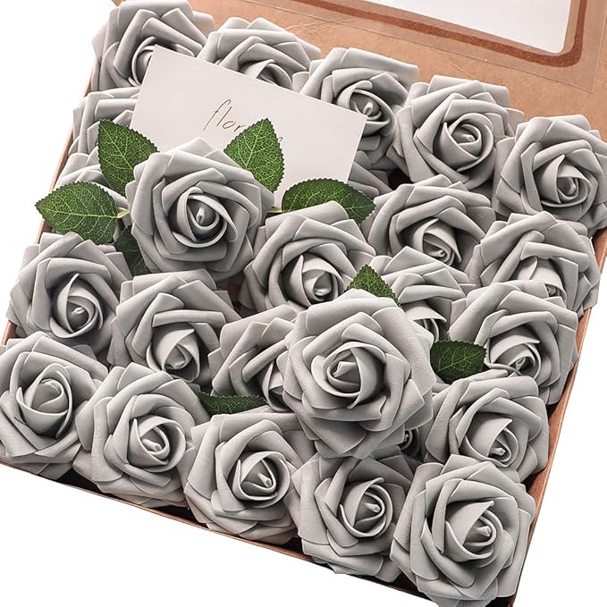 Floroom Artificial Flowers 25pcs Real Looking Silver Grey Foam Fake Roses by Floroom