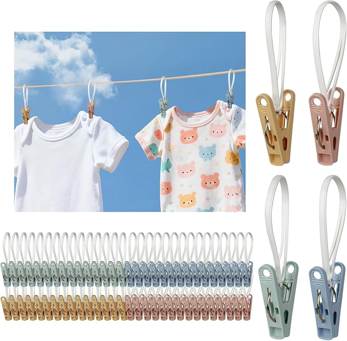 60 Pack Clothes Pins with Plastic Rope, Windproof Plastic Clothespins by Unknown