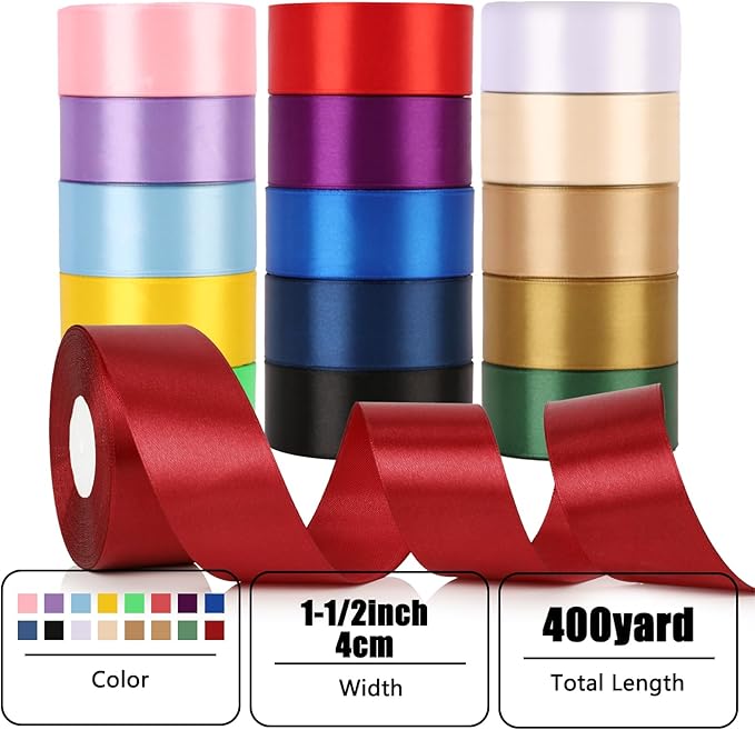 NESCCI 16 Colors 400 Yards Ribbon, 1-1/2 Inch Satin Ribbon, Single Face Satin - Image 4