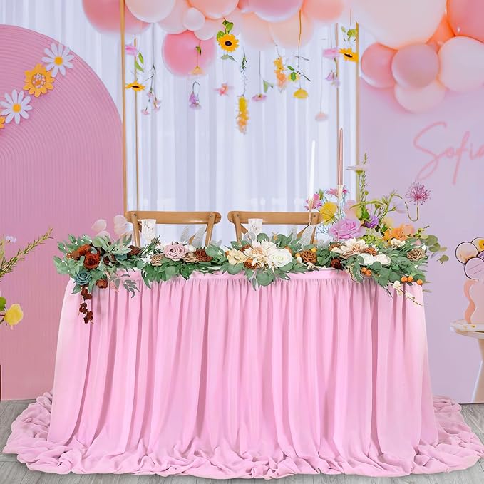 QueenDream Pink Sheer Table Skirts 14ft Chiffon Tablecloth - Image 3