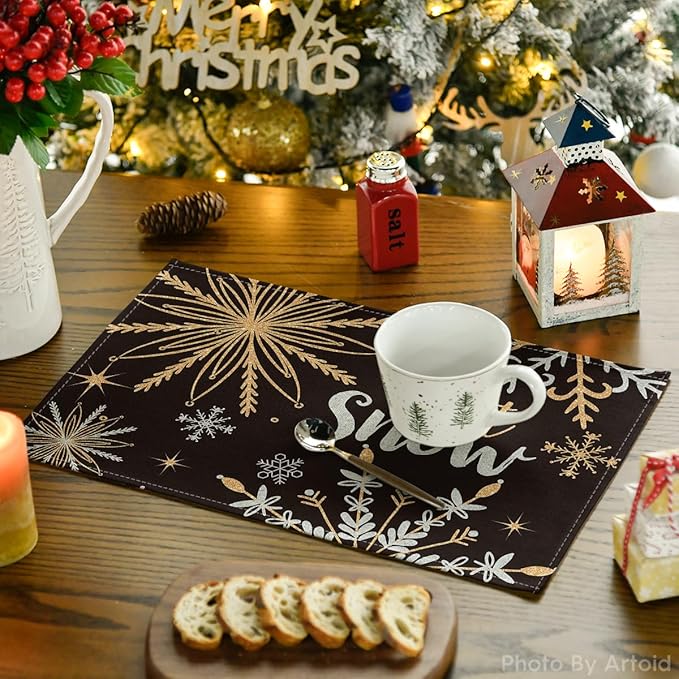 Artoid Mode Black Snowflake Let It Snow Winter Placemats Set of 6, 12x18 Inch - Image 3