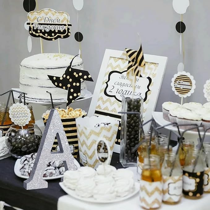 TONIFUL 8 Inch Silver Glitter Letter A Table Centerpiece A-Z Silver Birthday - Image 5