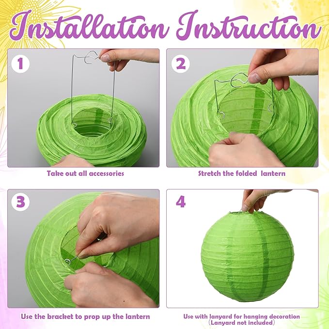 Riakrum 16 Pcs Yellow Green Purple Paper Lanterns Birthday Party Decorations - Image 2