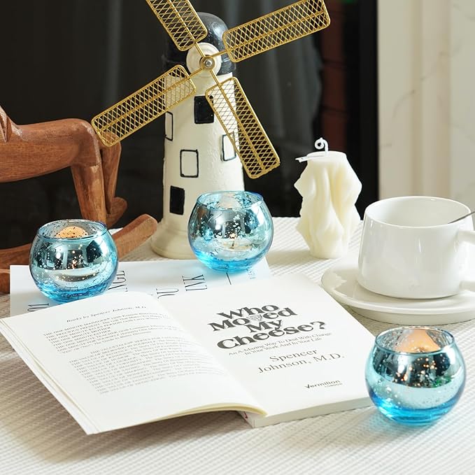 Homemory 12 Pcs Blue Votive Candle Holders, Round Mercury Glass Candle Holder - Image 9