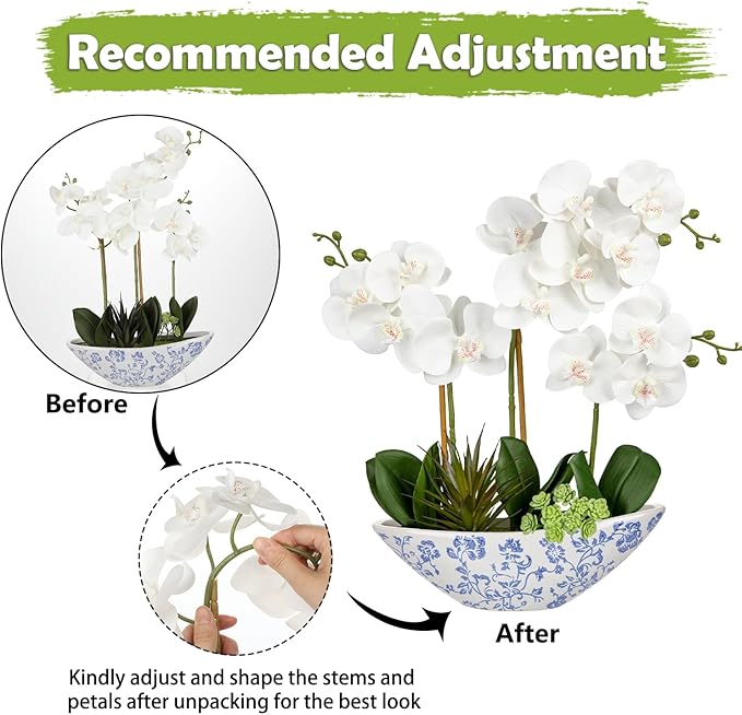 Briful White Orchid Fake Flowers 17in Artificial Orchid Silk Flowers in Blue - Image 3