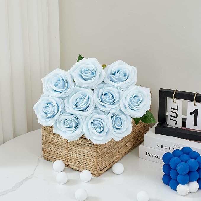 Artificial Rose 10pcs Ice Blue Open Flower Bouquet Faux Rose Stems - Image 3
