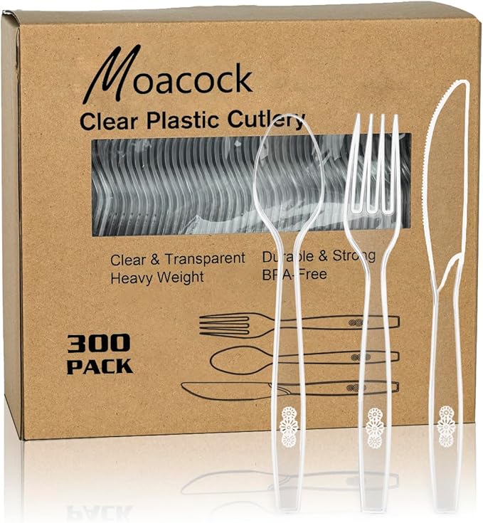 300 Count Clear Plastic Silverware, Heavy Weight Plastic Forks Spoons Knives by MOACOCK