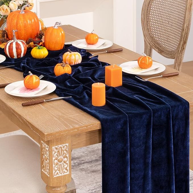 Navy Blue Velvet Table Runner Fall Thanksgiving Navy Table Runner 20 x 120 Inch - Image 5