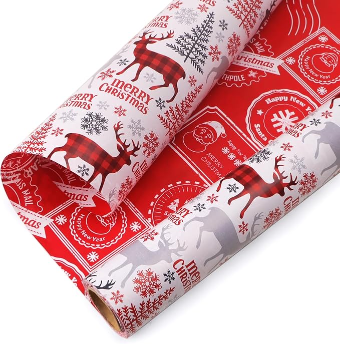 Ribbli Christmas Wrapping Paper Reversible Vintage Reindeer and Christmas Stamp by Ribbli