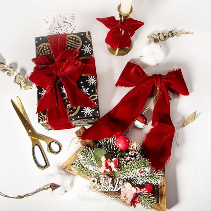 Ribbli Red Velvet Ribbon 1.5 Inch Handmade Frayed Vintage Christmas Ribbon - Image 4