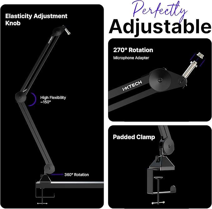 IXTECH Microphone Boom Arm Stand, Heavy Duty Adjustable Mic Stand - Image 8