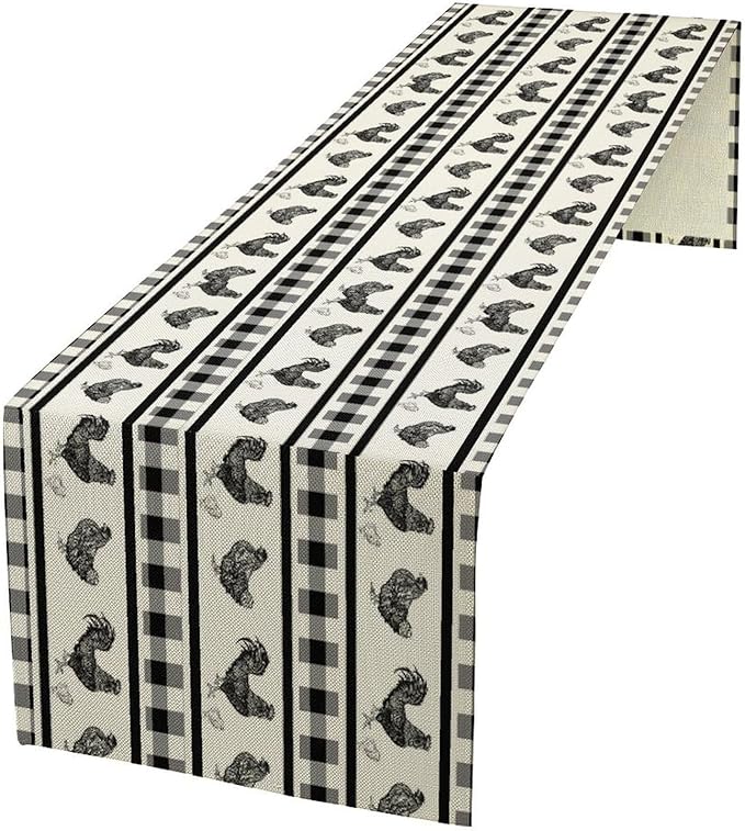 Rooster Table Runner, Farmhouse Animal Vintage Chicken Black White Plaid Check by Kurtect