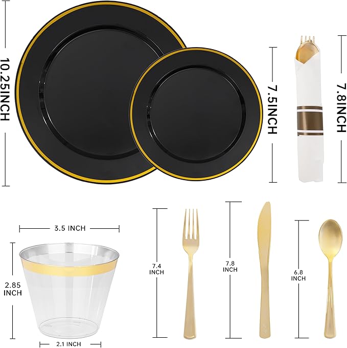 SUT 175 Pcs Black and Gold Plastic Dinnerware Set - Image 2