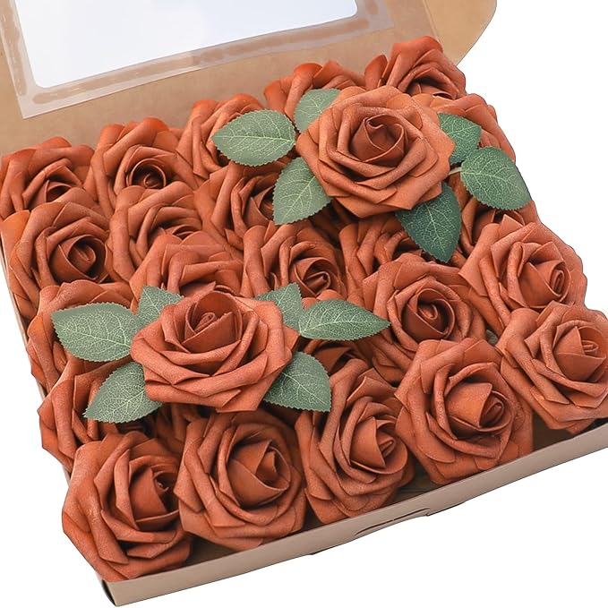 Floroom Artificial Flowers 25pcs Real Looking Burnt Orange Foam Fake Roses by Floroom