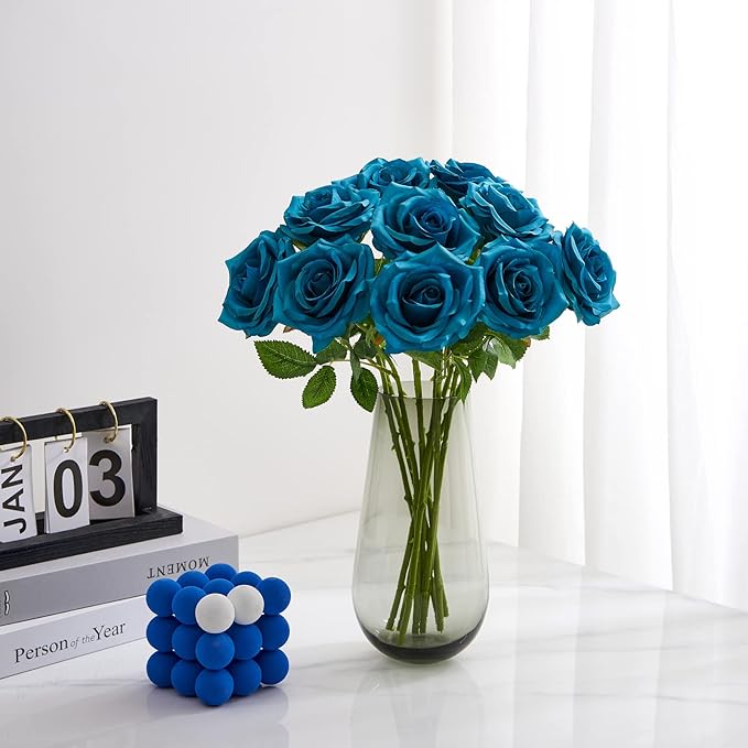 Teal Artificial Rose 10pcs Open Flower Bouquet Faux Rose Stems Turquoise Blue - Image 2