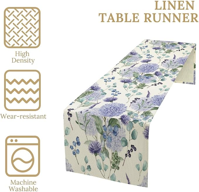 Spring Hydrangea Flower Table Runner, Seasonal Summer Plants Watercolor - Image 4