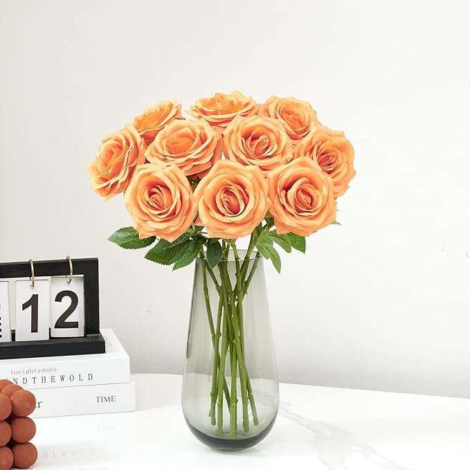 Artificial Rose 10pcs Orange Open Flower Bouquet Faux Rose Stems - Image 2