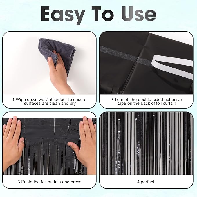 4 Pack Black Foil Fringe Backdrop Curtains, Tinsel Streamers Birthday Party - Image 4