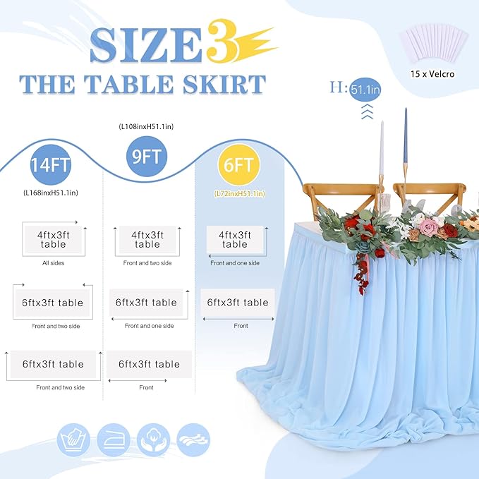 QueenDream 6ft Baby Blue Chiffon Table Skirt - Image 6
