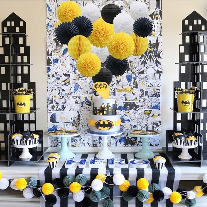 Yellow White Black Party Decorations 16pcs Paper Pom Poms Honeycomb Balls - Image 3