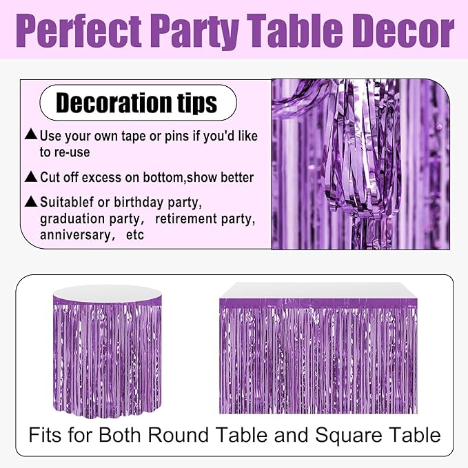 3 Pack 29x108 Inch Light Purple Foil Fringe Table Skirts Metallic Banner - Image 3