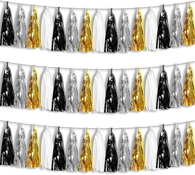 3P Black Gold Silver Foil Fringe Metallic Tassel Garland, Tassels Banner by HYSILLA
