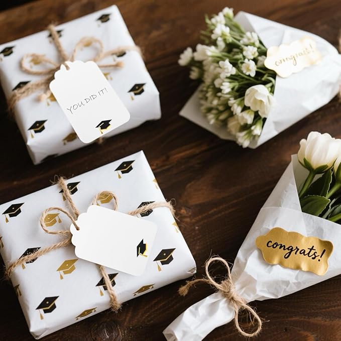 100Pcs Blank Gift Tags with String Foil Black Gold Grad Cap Large Paper Gift - Image 4